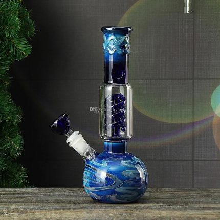 Blue Hookah Glass water bong Smoking Percolator Bongs Water Bubbler Shisha Pipe 10.7 inch Height Recycler Dab Rig with 14mm male bowl Pattern Oil Joint Handmade Tool